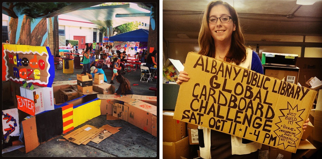 Cardboard Makedo Maze in East LA. Librarian from Albany public library. Photo by Dream Mullick and xx.